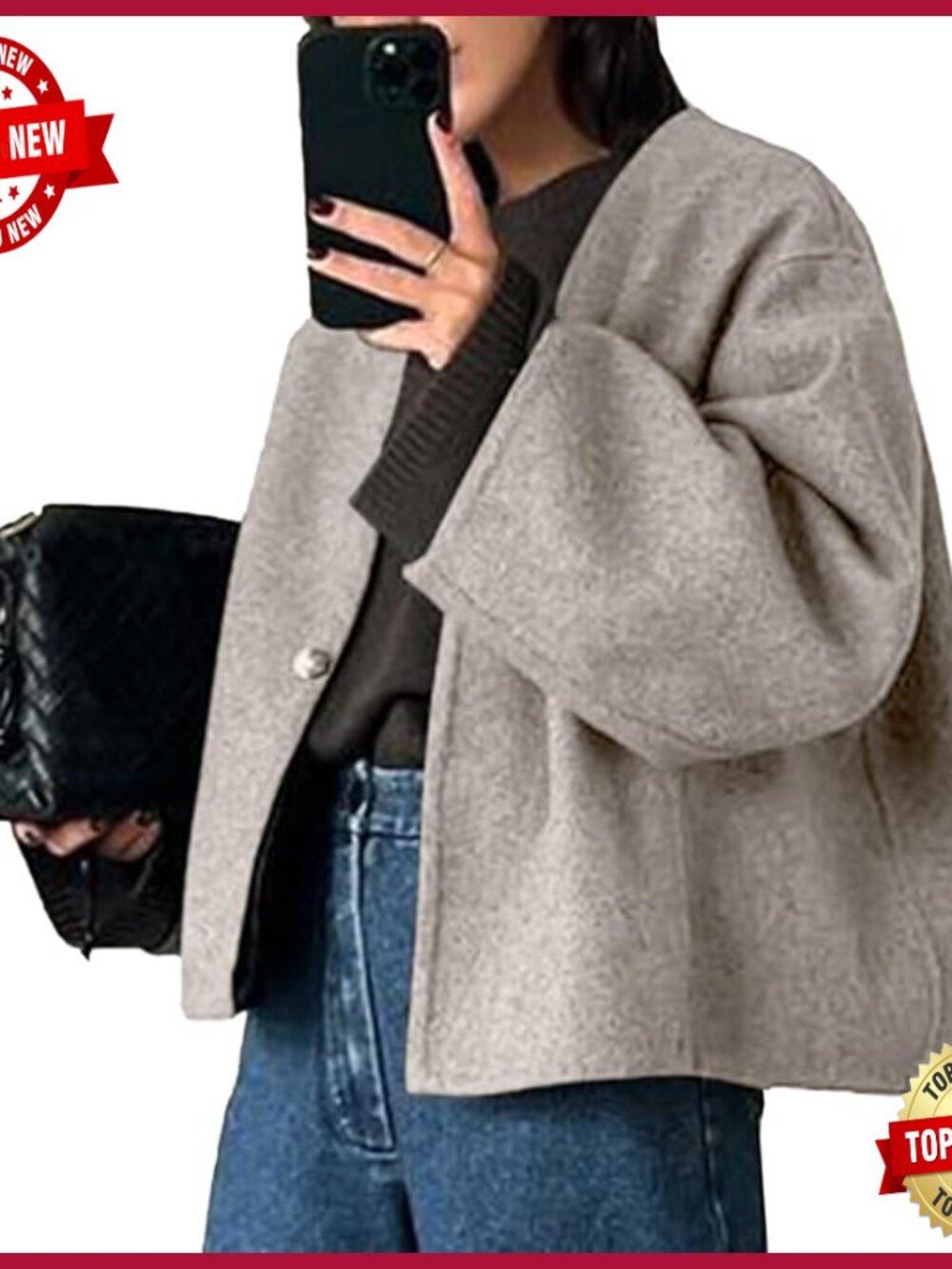 Cropped Wool Blend Peacoat, Loose Fit, Long Sleeve, All-Season Coat